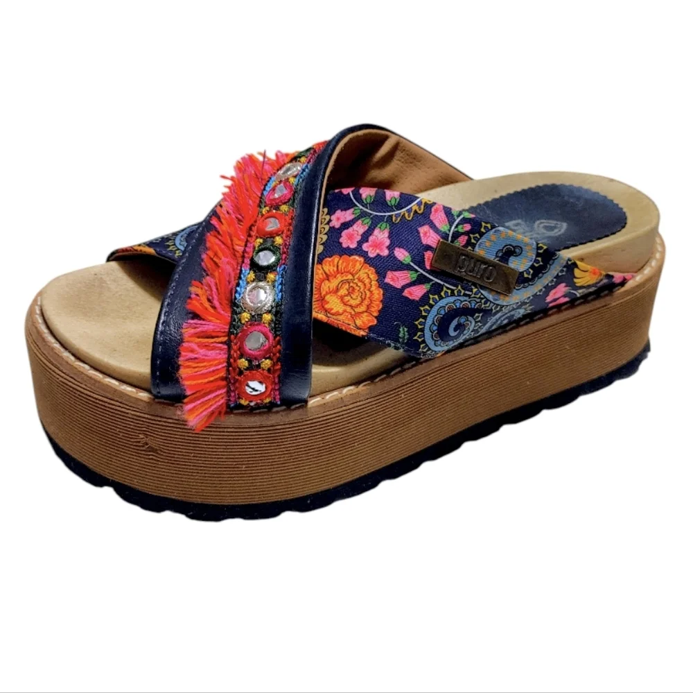 Puro Colorful Leather Fringe Boho Platform Slip On Slide Sandals Womens Size 7